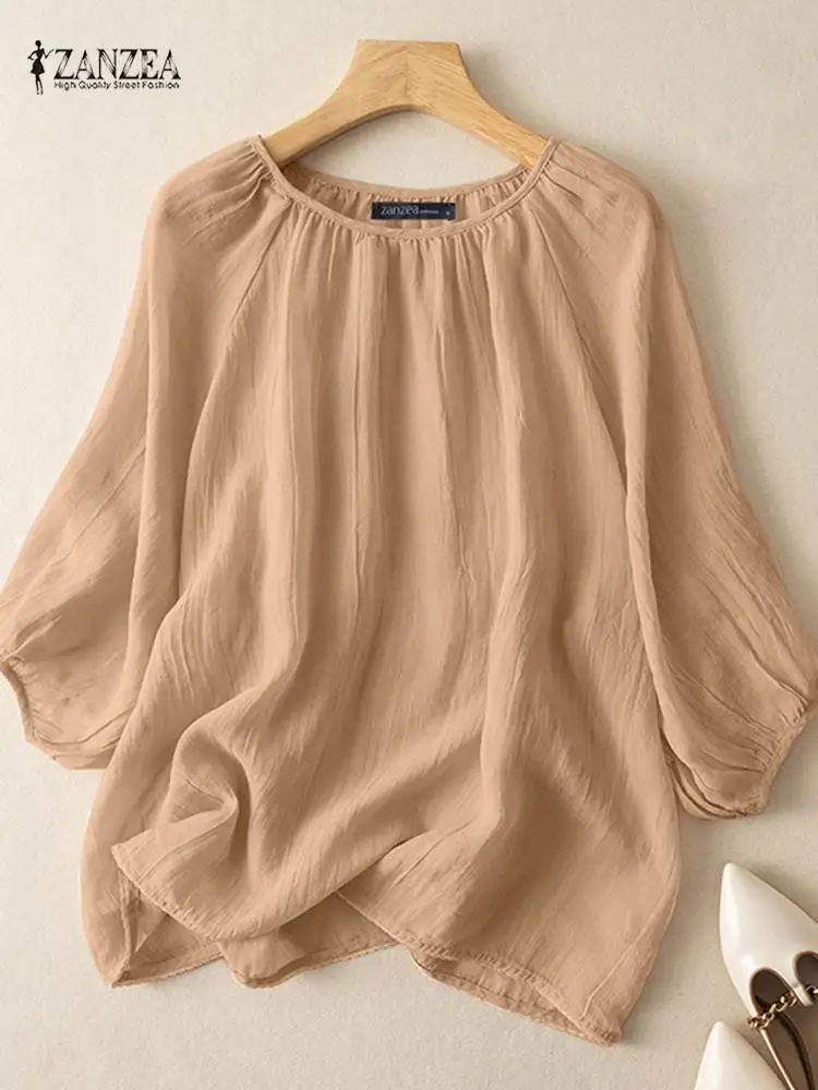 

ZANZEA Oversize Women Vintage Solid Blouse Autumn O Neck 3/4 Sleeve Casual Loose Shirt Female Holiday Tops Tunic Work Blusas