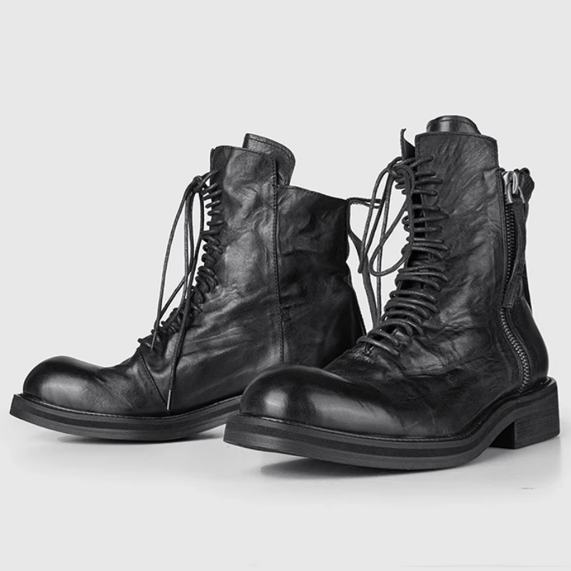 Botas con cremallera lateral de diseño Original Retro, zapatos para hombres y mujeres, botas altas informales cosidas a mano de cuero genuino