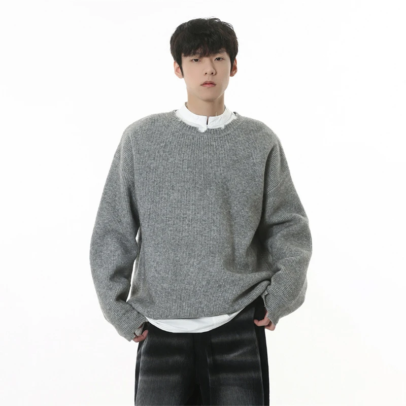 Pull à col rond pour hommes, couleur unie, basique, mode coréenne, chaud, tricoté, High Street, élégant, Y2K, automne