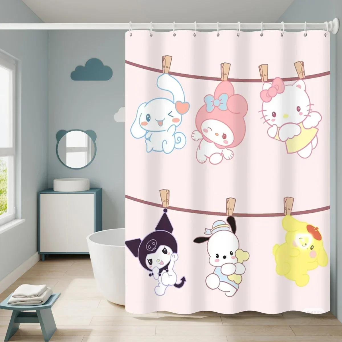 

Sanrios Kuromi Mymelody Cinnamoroll Kawaii Anime Cartoon Bathroom Curtain Shower Curtain Decor Waterproof Anti-mildew Hooks Gift