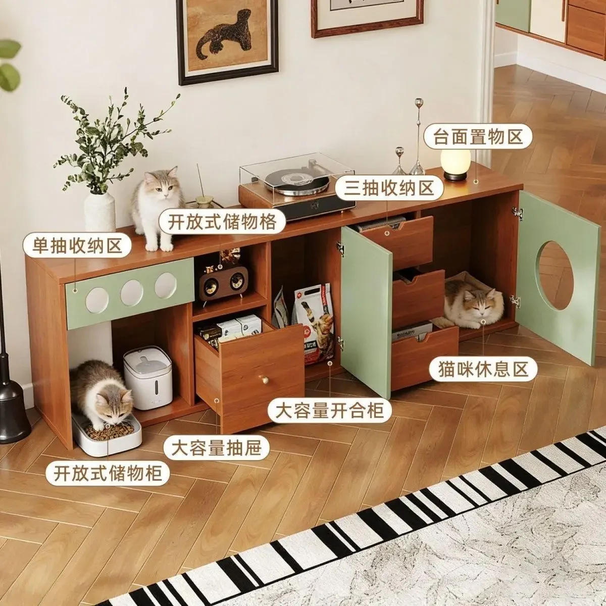 HYS pet solid wood TV cabinet cat nest integrated log cream wind cat TV cabinet medieval living room household floor cabinet