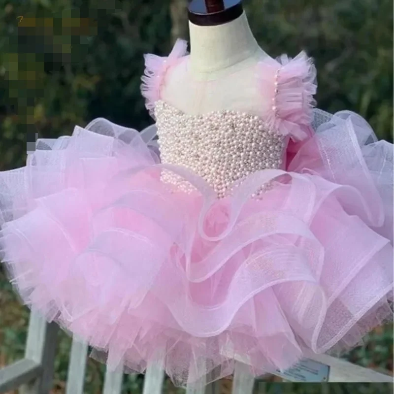 

Luxurious Pearls Flower Girl Dresses Baby Ball Gown Birthday Party Dress for Girls Tulle Layers Glitter Kids Pageant Gown