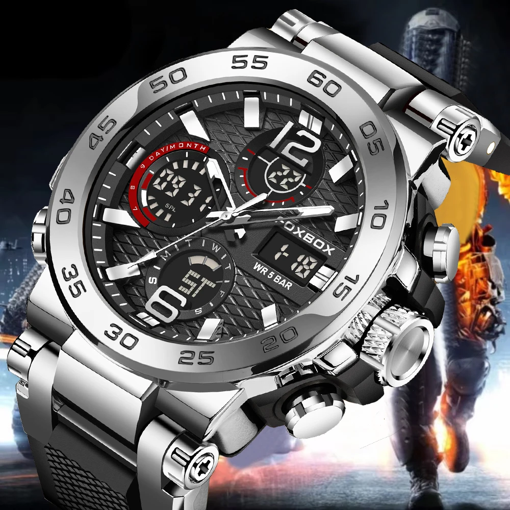 LIGE Dual Display Watch Men Fashion Military Waterproof Quartz Watches For Men FOXBOX Top Brand Luxury Chronograph Montre Homme