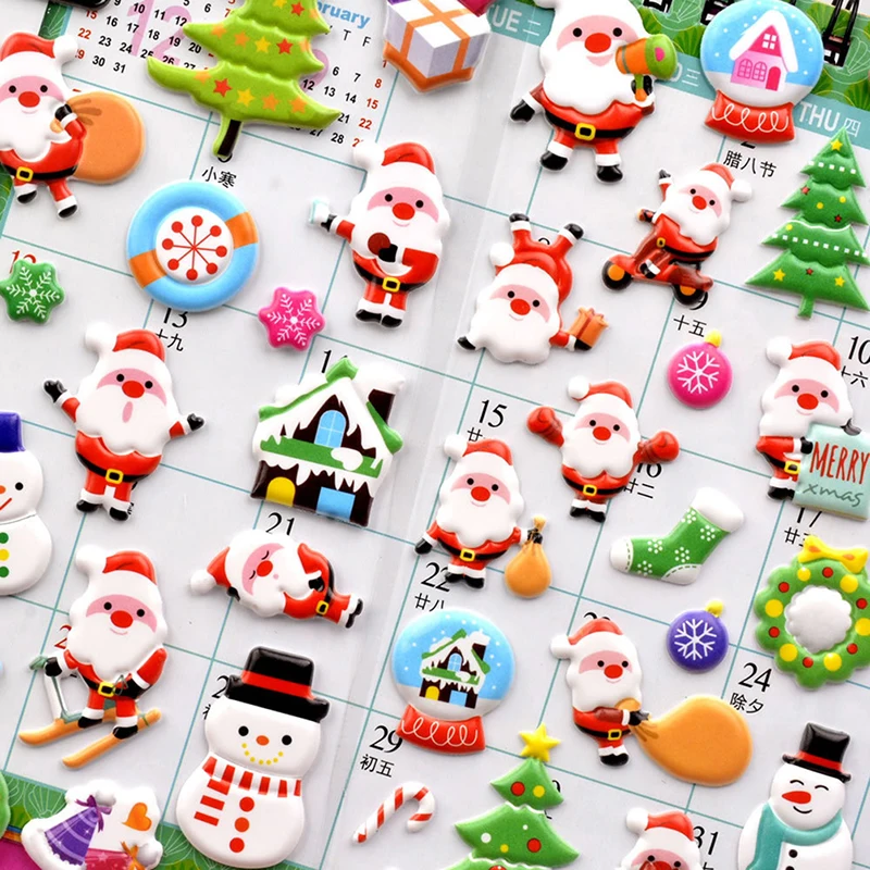 1Sheets Christmas 3D Puffy Bulk Stickers Cartoon Santa Claus Sticker DIY Scrapbook Decoration Funny Kids Classic Toy Gift random