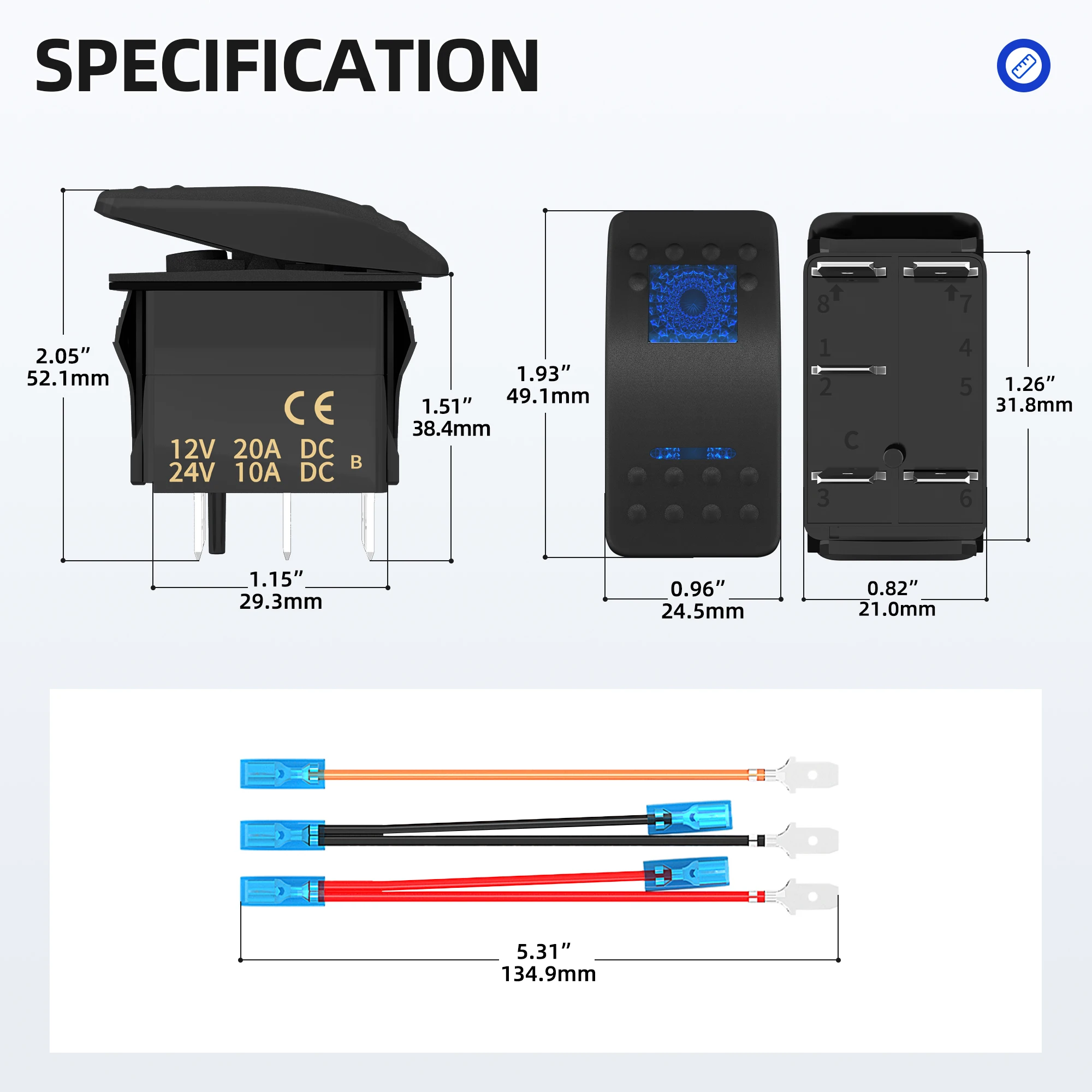 DaierTek 2PCS Marine Car Rocker Switch 12V 24Vwith DIY Stickers ON OFF Toggle Switch 5 PIN SPST LED Blue Light Backlit for Boat