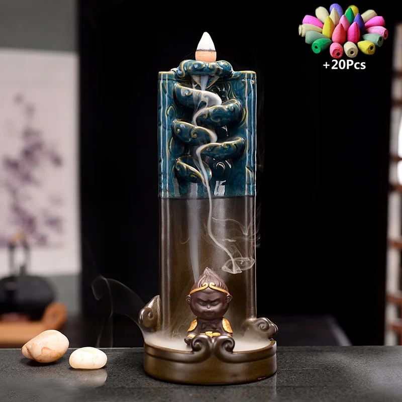 Luxury Gift Waterfall Backflow Incense The Monkey King Holder Home Office Decor Handicraft Ceramic Censer