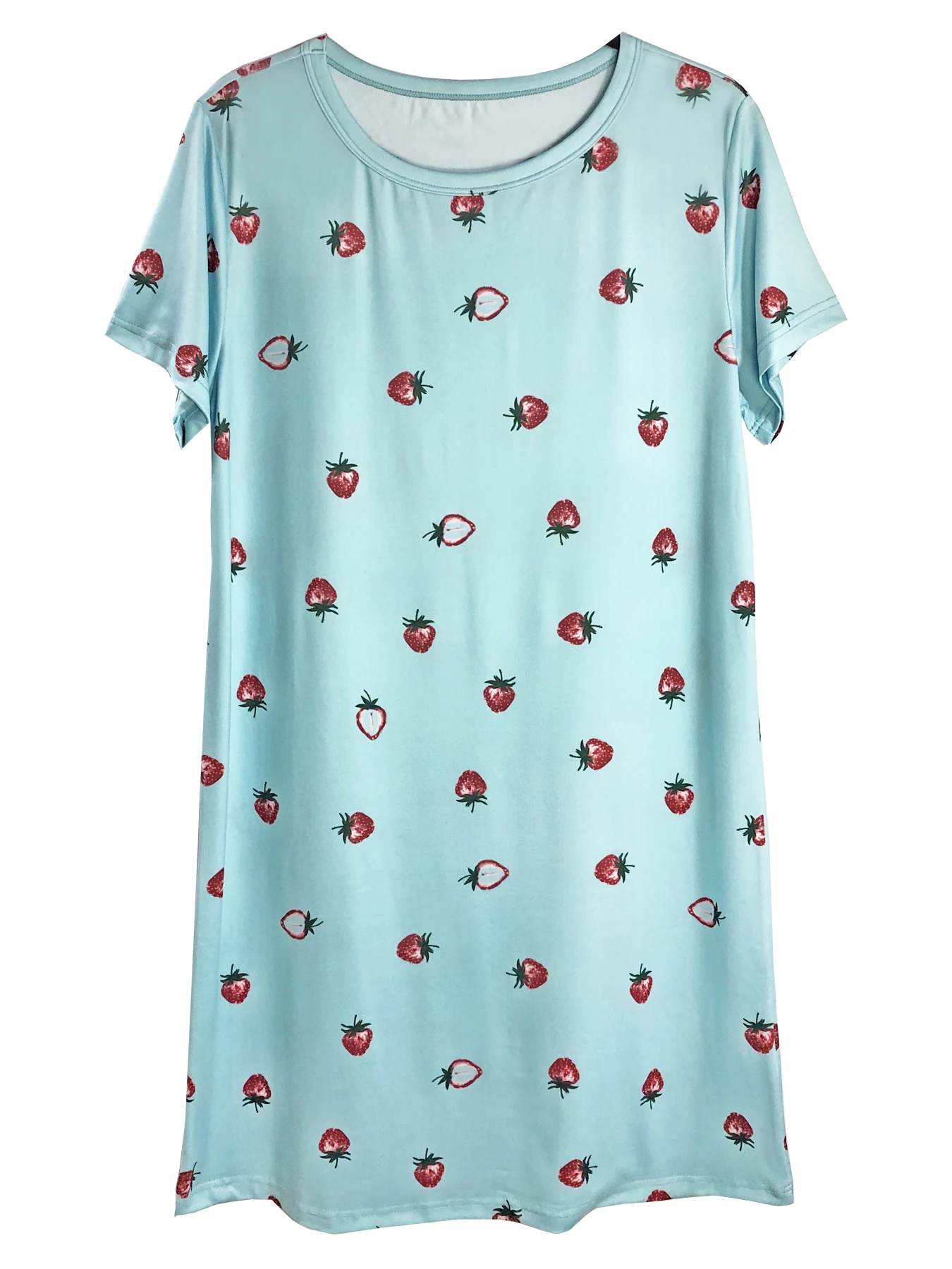 Allover Strawberry Print Nightgown Casual Short Sleeve Round Neck Loose Fit Sleep Dress Women\'s Sleepwear