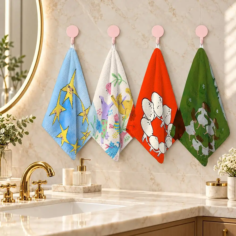 Happy The Dance Print Soft Absorbent Printed Small Towel Polyester Cotton Hand Cloth For Kitchen Bathroom Daily Use