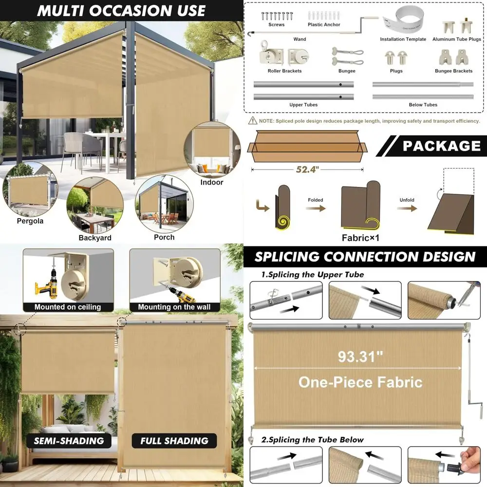 

8' Wide x 6' High Outdoor Cordless Roll-Up Shade with Spliced Pole Design for Patio