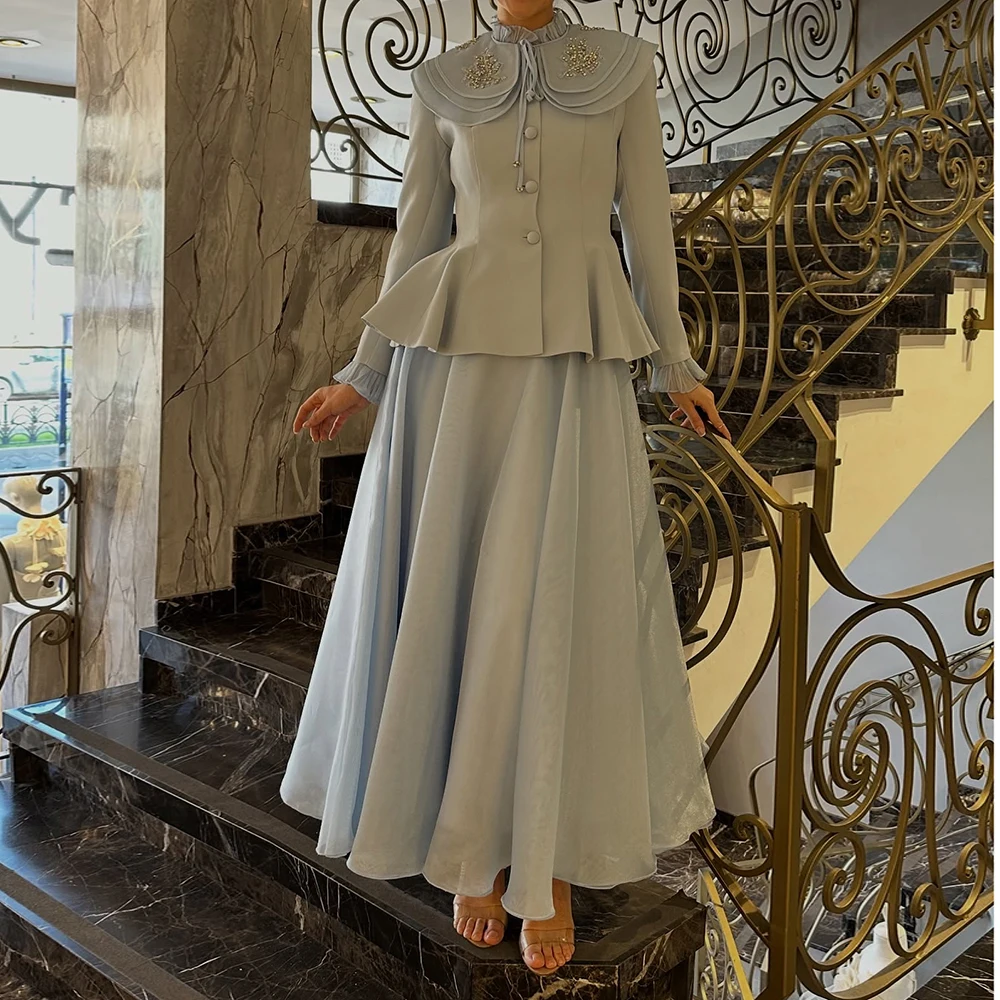 

Customized A-line Evening Dresses Ankle-length High-neck Full Sleeve Prom Gown Fashion Crystal Stole Button Draped Party Gown