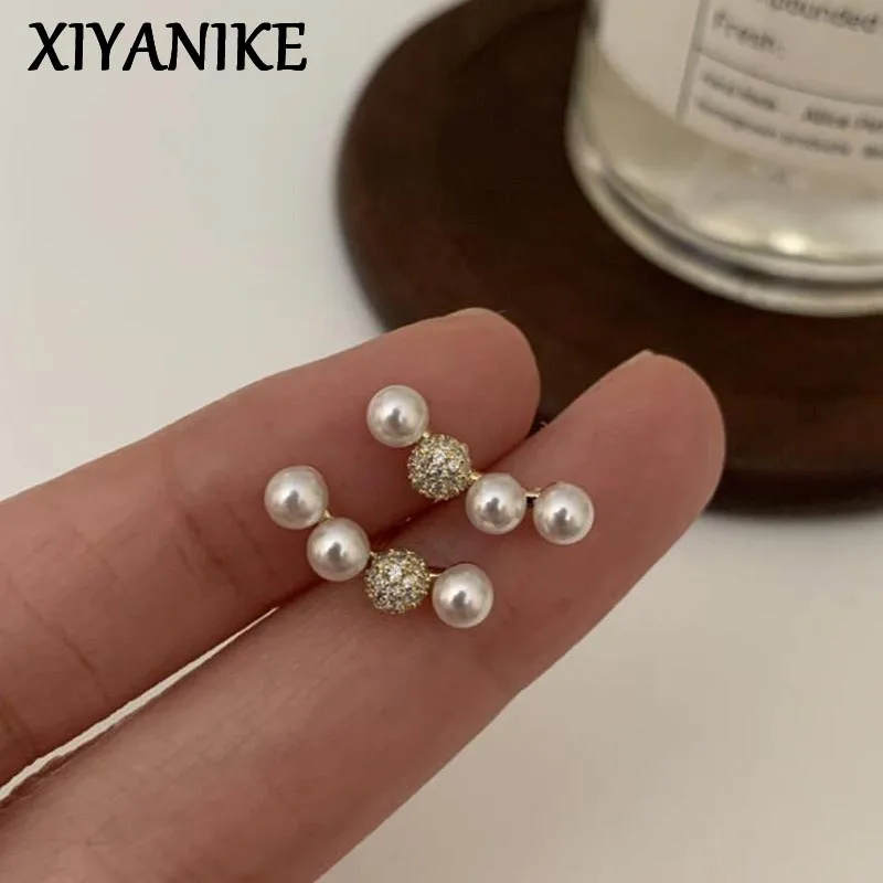 XIYANIKE Pearl Zirconia Arc-shaped Ear Stud Piercing Earrings For Women Girl Sweet Fashion New Jewelry Lady Gift Party сережки