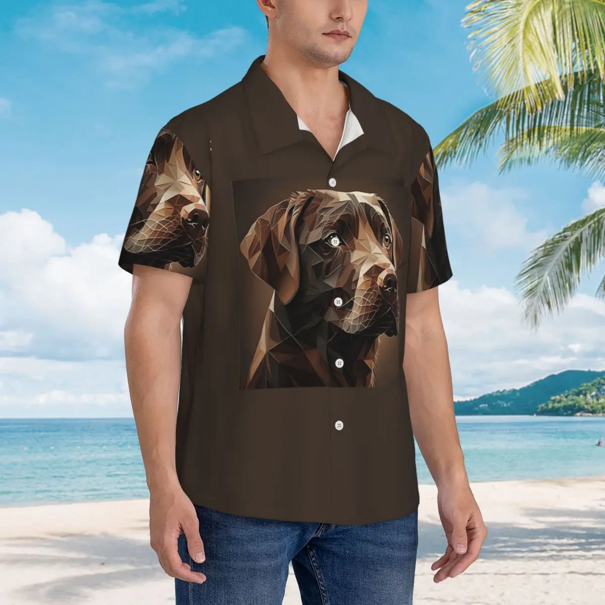 Kemeja Pria Geometric Choco A Chocolate Labrador Artwork Kemeja Hawaii Lengan Pendek Atasan Kancing Lucu untuk Pantai Musim Panas