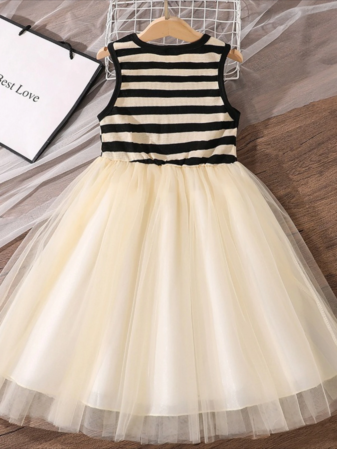 Girls' Summer Dress  New Korean Style Children's Clothing Black and White Striped Mesh Sleeveless Princess Dress