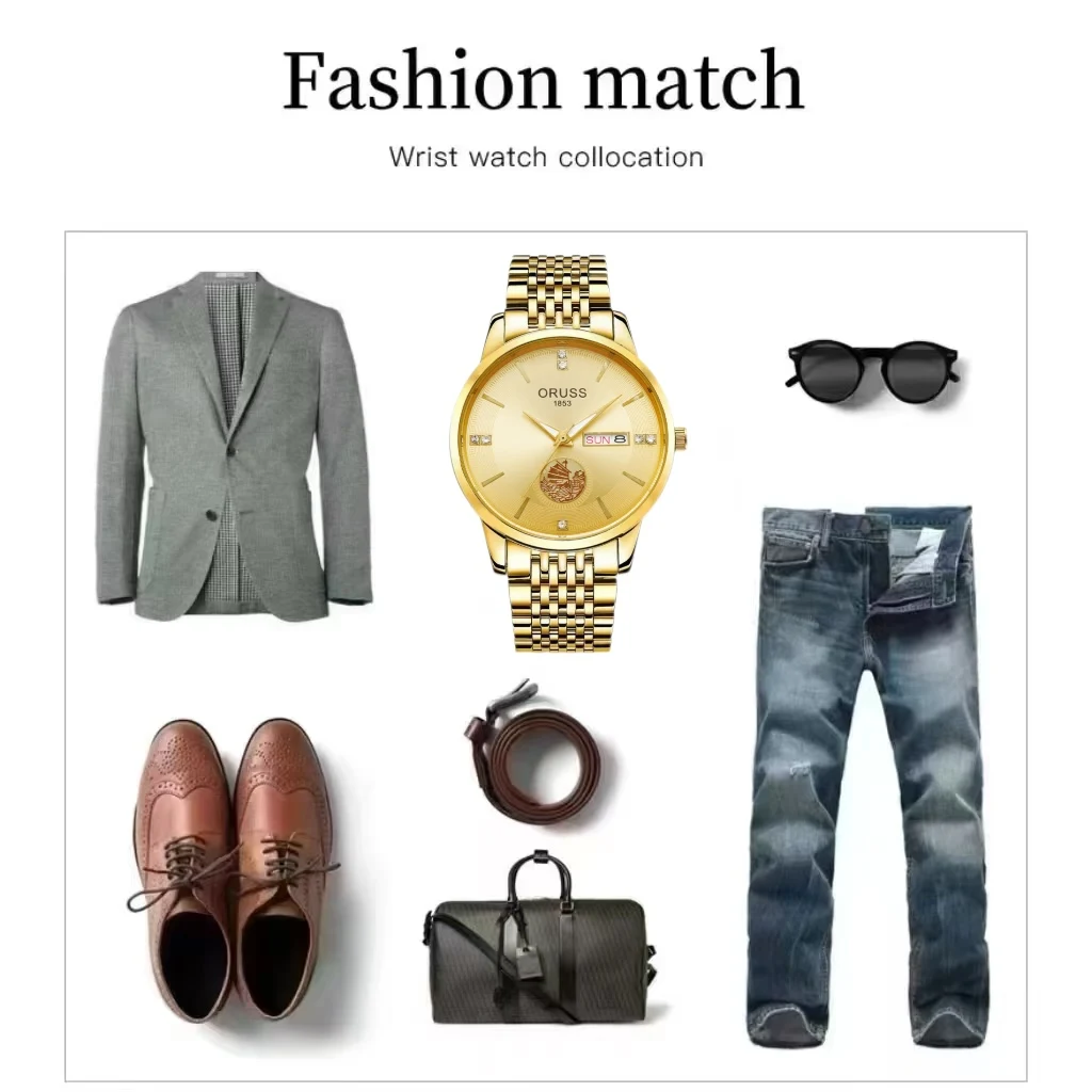 ORUSS оригинальные мужские часы из нержавеющей стали с двойным календарем, водонепроницаемые светящиеся роскошные золотые часы, модные кварцевые мужские наручные часы, новый бренд