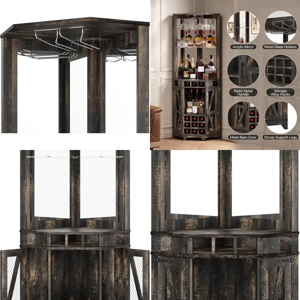 

Corner Bar Storage Cabinet, 72" Tall Farmhouse Wine Cabinet with Barn Door, Home Bar with Acrylic Mirror and Glass Rack for Dini