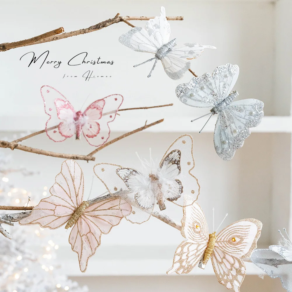 6/12PCS/Set Christmas Glitter Butterfly Ornament With Clip Mesh Feather Simulated Butterfly Christmas Decor Xmas Tree Pendant