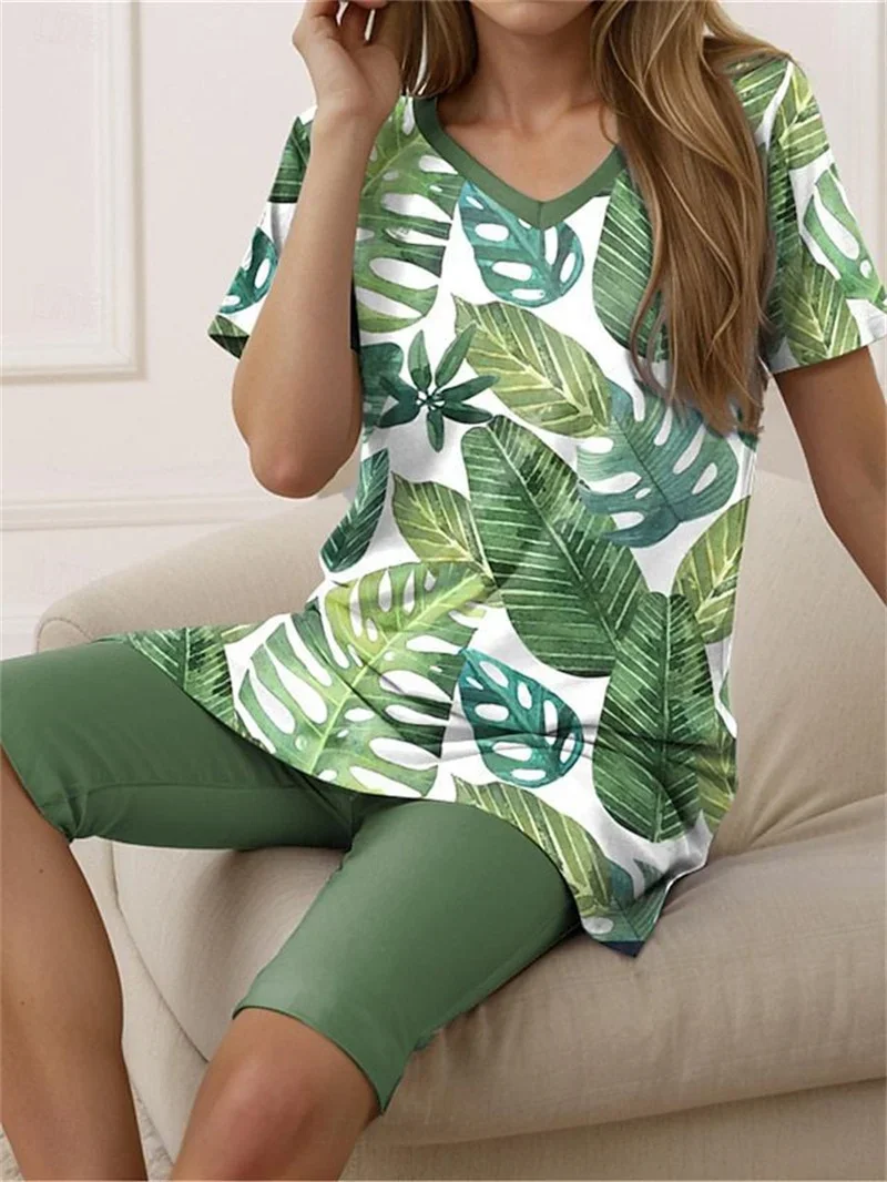 Summer V Neck Short Sleeves T-Shirt Elegant Print Women Two Piece Sets Five-quarter Length Pants Korean Comfortable Casual Suits