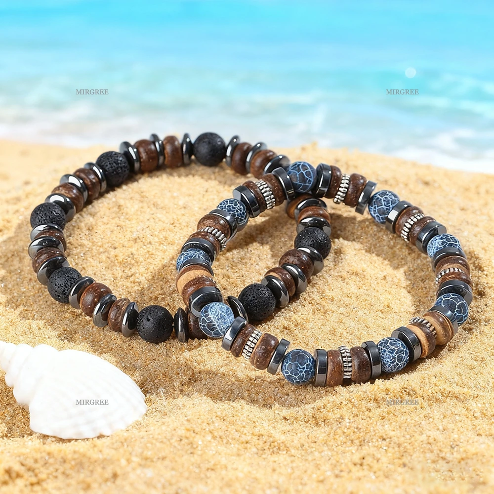 2pc Men's Natural Stone Bead Bracelet Set, Handmade Retro Style