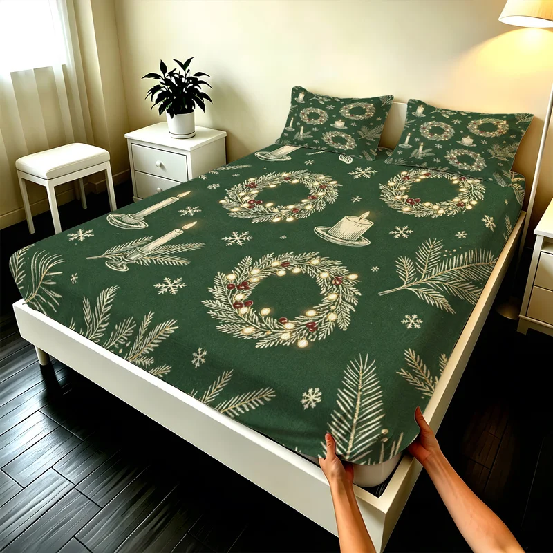 3Pcs Polyester Fitted Sheet Set,Deep Pocket,Durable,Deep Green Base,Cream Mistletoe Branches And Berries Print,Bedroom Decor