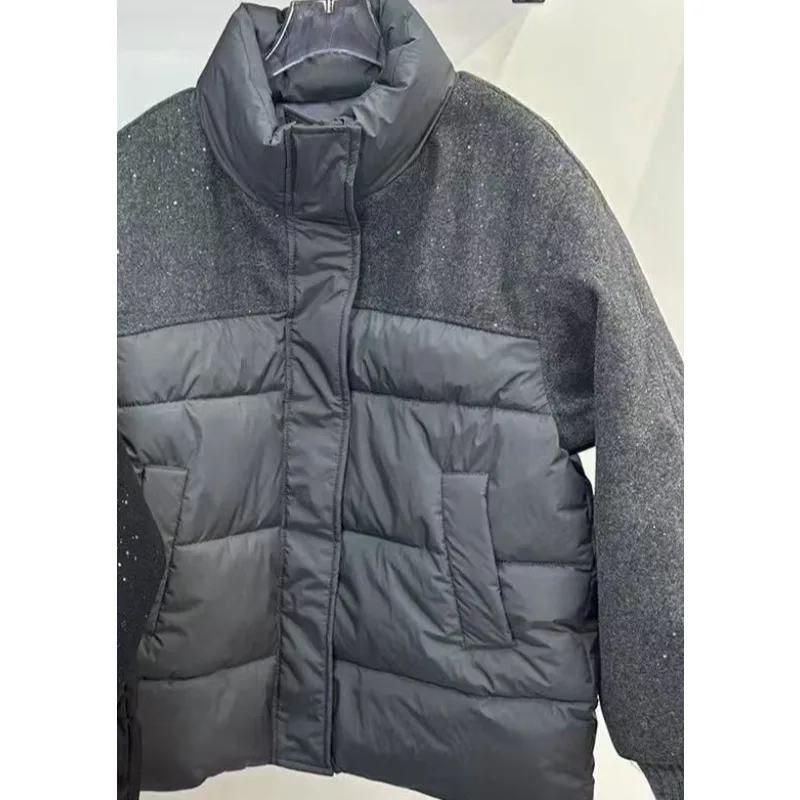 Women's Autumn Winter Cotton Jacket Tops Splicing Sequins Warm Short High Waist Niche Comfortable Leisure Soft Brand Fashion