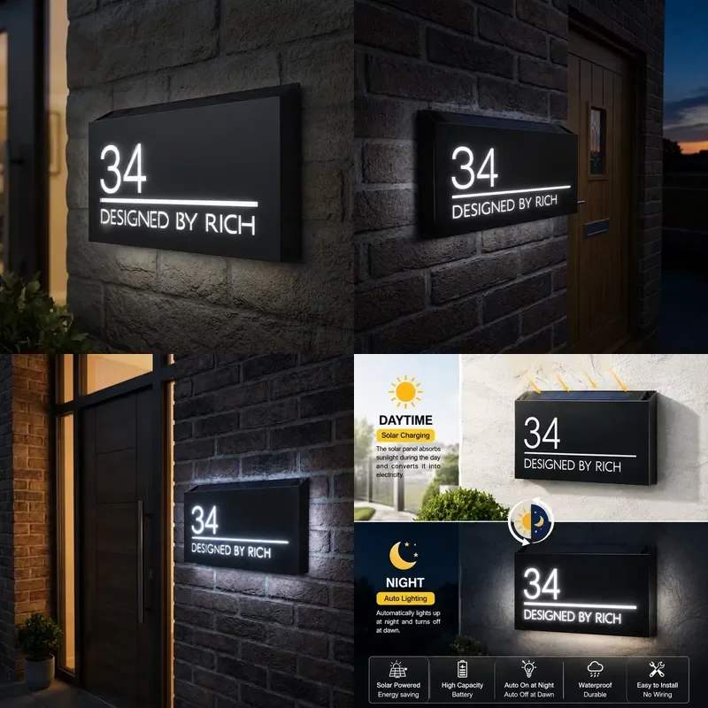 Modern Solar LED House Number Sign - Matte Black Grey Address Plaque with Top Solar Panel, Auto Light Up Outdoor Door Number