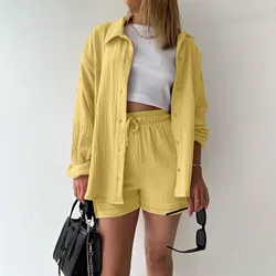 Summer Cotton Linen High Waist Shirt Shorts Women Turn Down Collar Long Sleeve Tops and Shorts Suit Cotton Casual Two Piece Sets