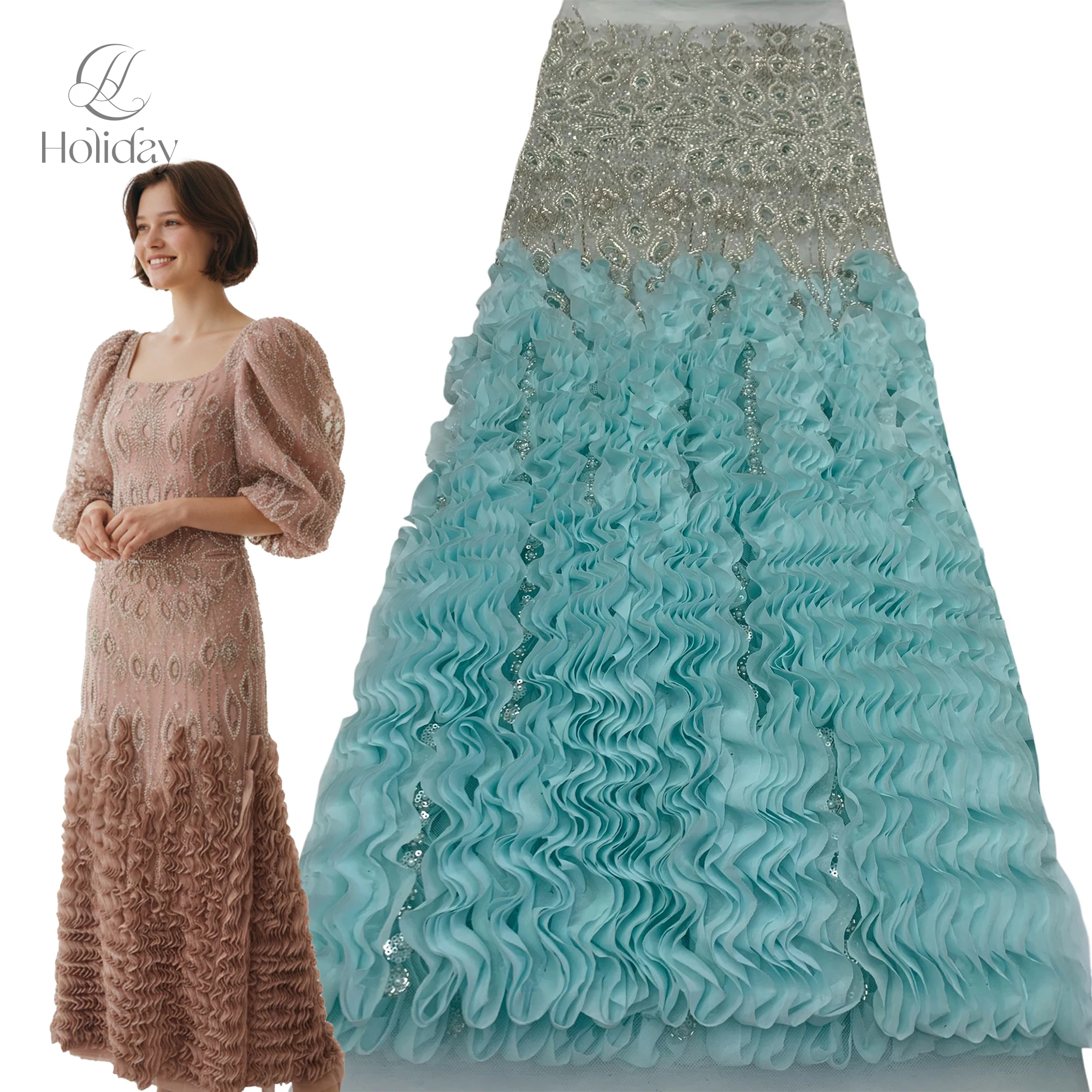 Chiffon Lace Fabric with Beads Sequins Edge Sewing Material for DIY Craft And Clothing Making