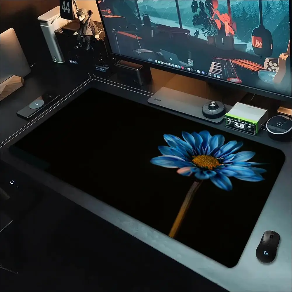 Big Mouse Pad Gaming Blue Chrysanthemum Flower Dark Floral Anti Slip Rubber Backing Durable Stitched Edges for Animal Friends