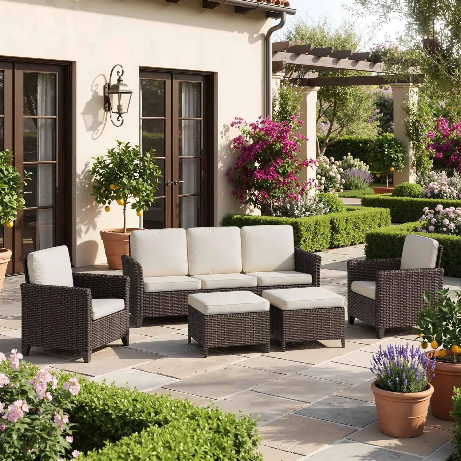 

5 Piece Patio Furniture Set PE Rattan Sofa High Back Chair Ottoman All Weather Cushion Deck Garden Customized