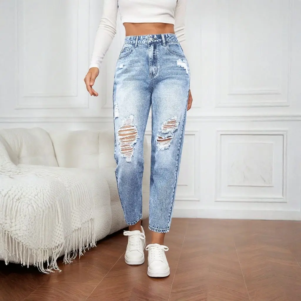 Women's Slim Fit Jeans with Rips Casual Slimming Cone Shaped Mom Jeans Comfortable Stretch Denim Trousers