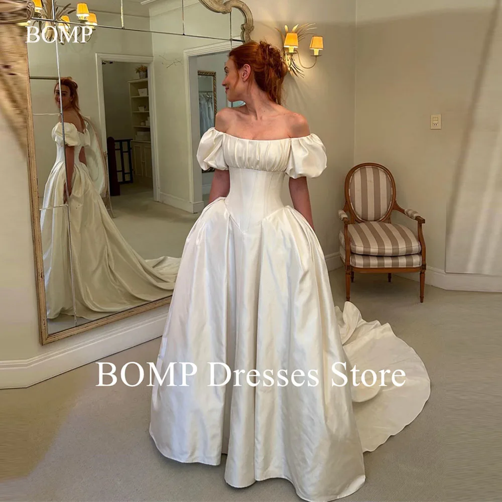 BOMP-Robes de mariée A-Line personnalisées, manches courtes bouffantes, plis en satin, patients du pays, quelle que soit la robe de mariage, Off Initiated, 2025