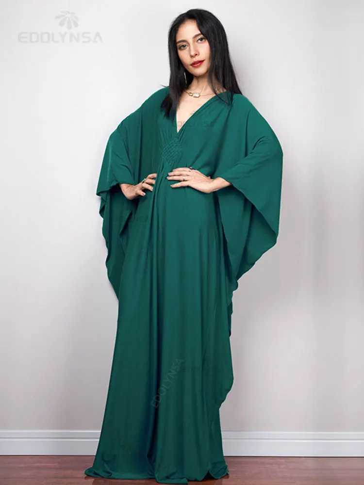 2023 Multicolor V-neck Batwing Sleeve Plus Size Loose Maxi Dress For Women Summer Beach Wear Kaftan Long Bathing Dresses Q1306