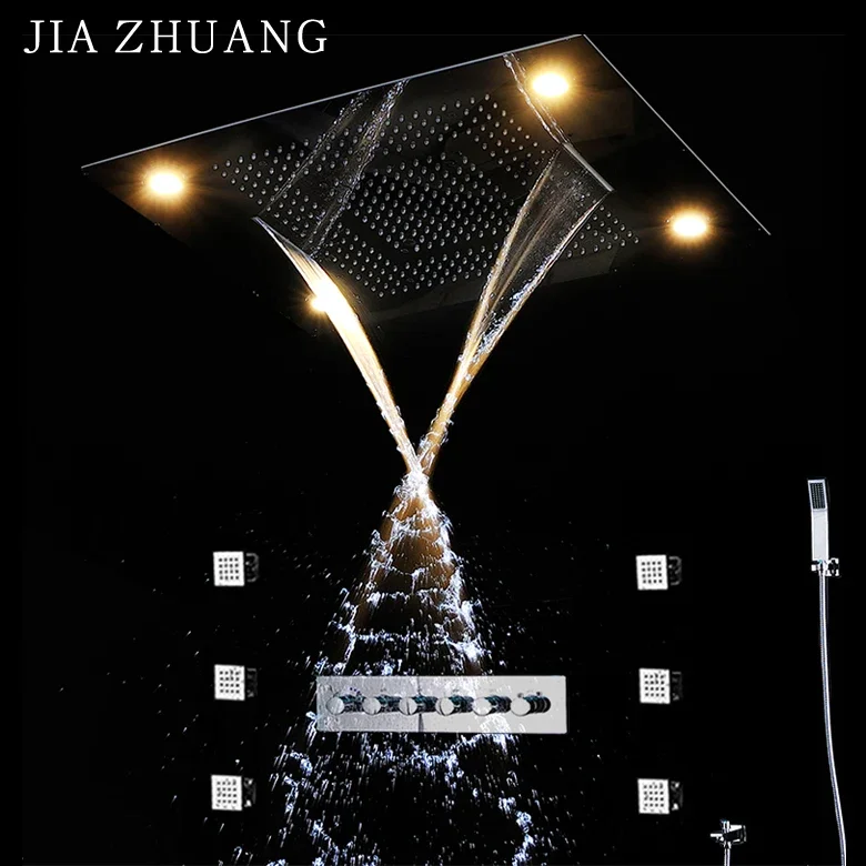 Ceiling Big Rain Shower Head Waterfall Dual Rain Concealed Ceiling Led Shower Faucets For Bathroom + Hot And Cold Diverter