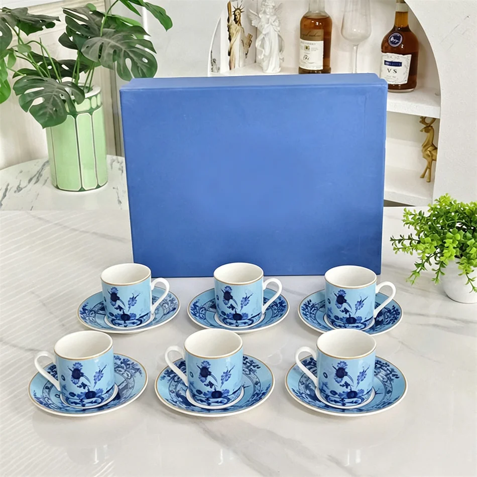 6pc Oriental Series Plate Coffee Cup And Saucer Mug Pink Purple Blue Printed Plate Cup And Saucer Suit Gift Box Tea Cup Set