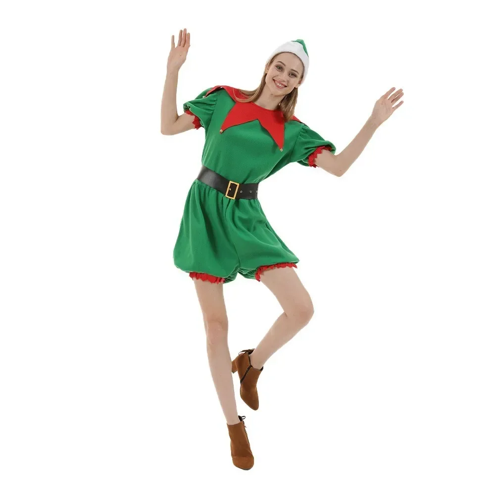 Strój elfa dla kobiet strój świąteczny sukienka dla dorosłych słodkie Santa Elves Xmas karnawałowe kostium imprezowy z czapką pokrowiec na buty