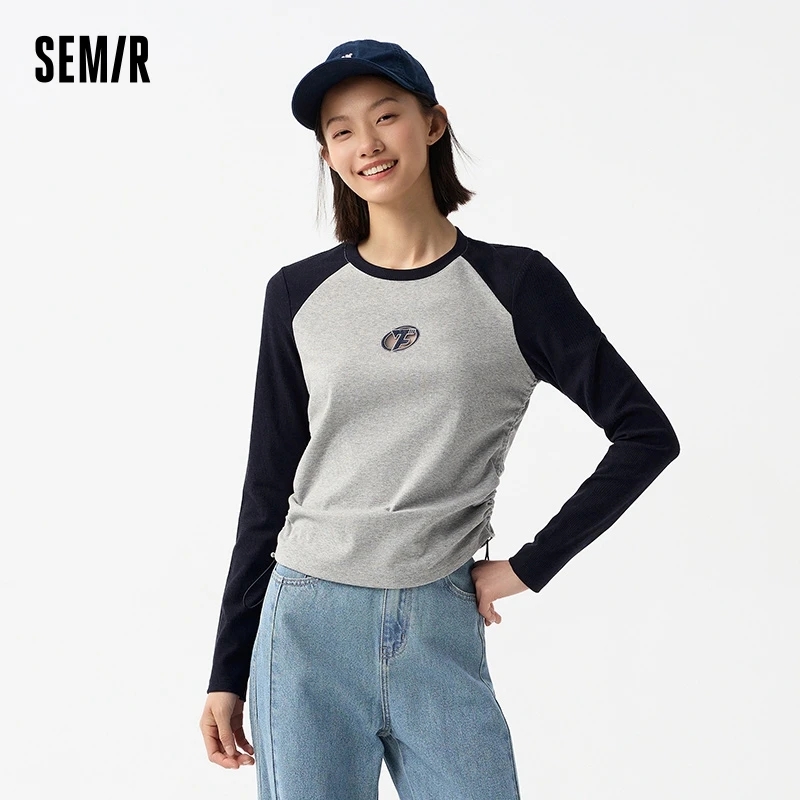 Semir Long Sleeve T-Shirt Women Contrast Color Round-neck Embroidered Drawstring Top Individual Spring Slimming Pullover