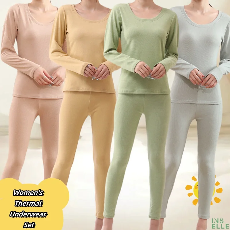 Autumn clothes and pants set female thin stretch Slim thermal underwear grinding wool tops bottoming shirt