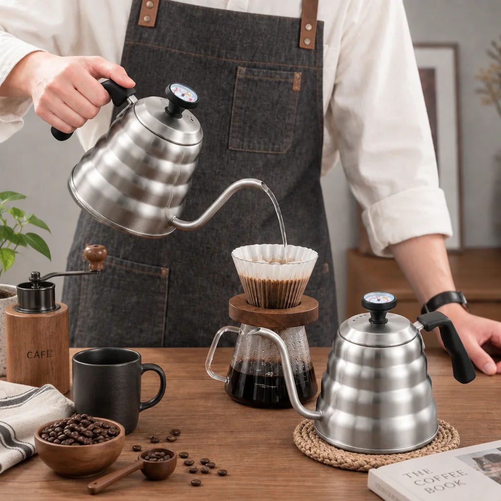 1L1.2L Stainless Steel Gooseneck Pour Over Coffee Kettle With Thermometer Stovetop Hand Drip Pot For Home Barista Coffee Brewing