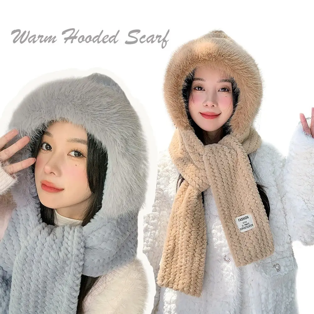 

Thickened Warm Women Plush Hat Ear Scarf One Piece Hooded Soft Warm Ear Hats Windproof Women's Large Headband Cycling Skiing