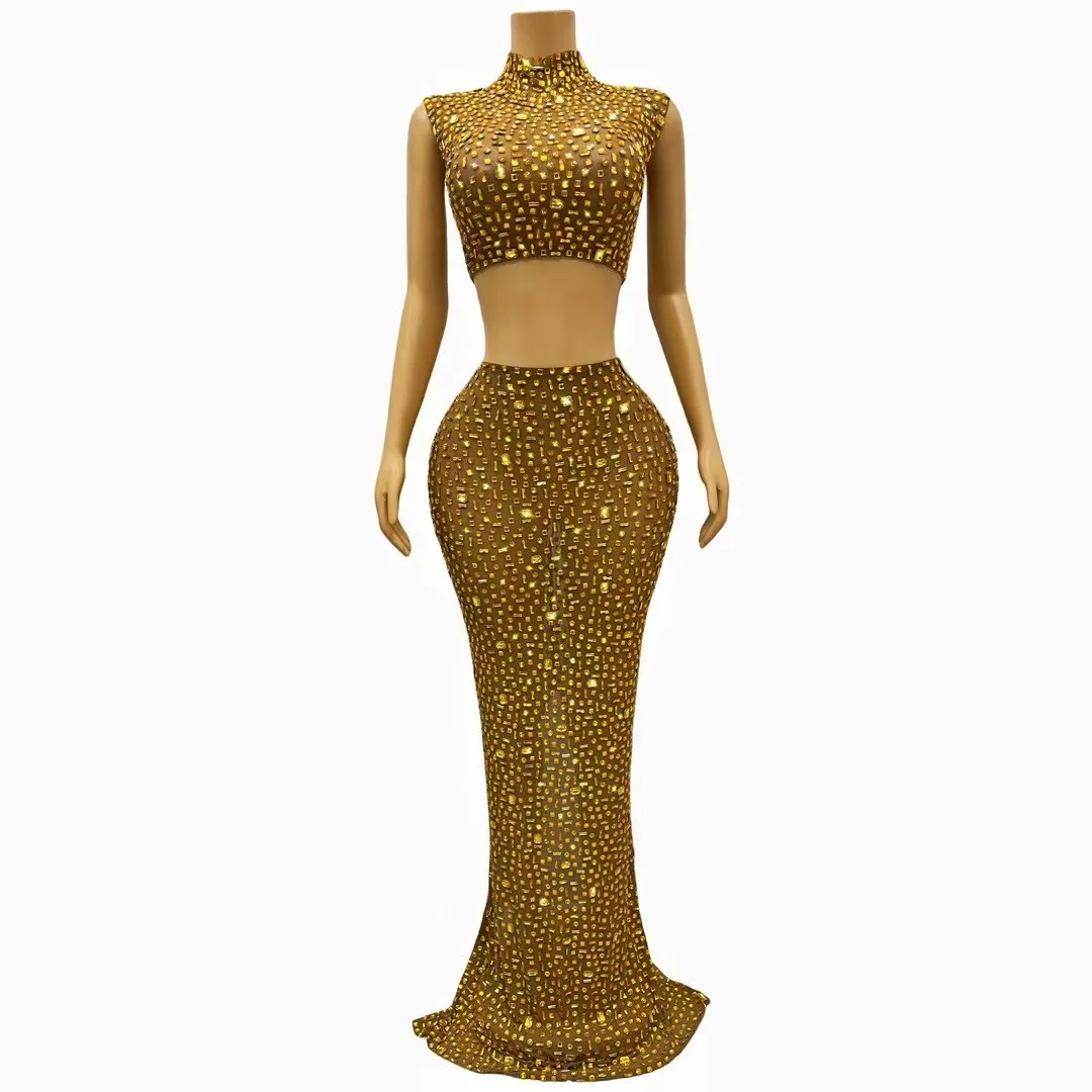 Popularna złota błyszcząca suknia wieczorowa kostium piosenkarki sukienka bankietowa spódnica kostiumowa do klubu nocnego