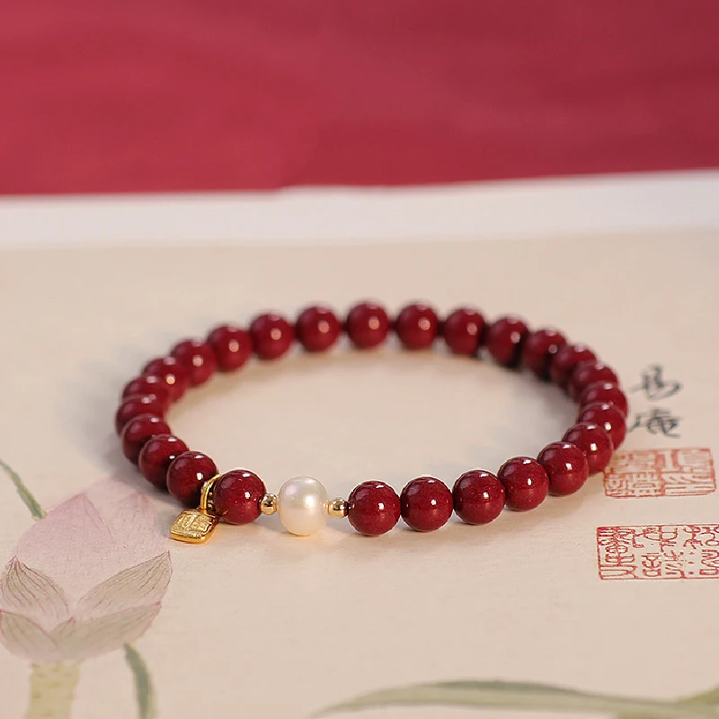 Vintage Good Luck Natural Stone Cinnabar Red Gold Color Pearl Beads Beaded Chinese Style Bracelet for Women Party Jewelry Gift