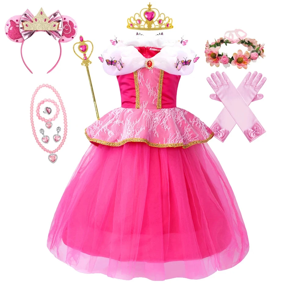 Girls Sleeping Beauty Dress Kids Butterfly Aurora Ball Gown Children Fancy Party Prom Frocks Off Shoudler Princess Costume 3-10T