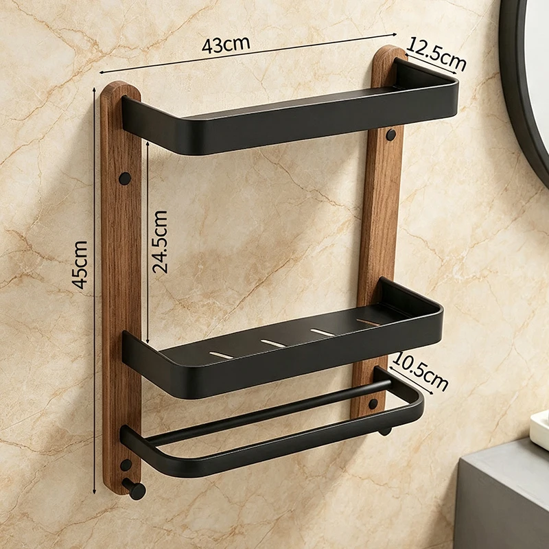 Wood Aluminum Bathroom Shelf Waterproof Shampoo Makeup Storage Holder Kitchen Accessories
