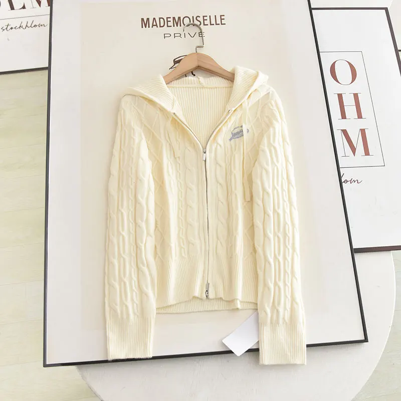 McSystem 2024 Autumn Drawstring Hooded Lazy Style Knitted Sweater Open Cardigan Knitted Sweater Ageless Versatile Tassel Sweater