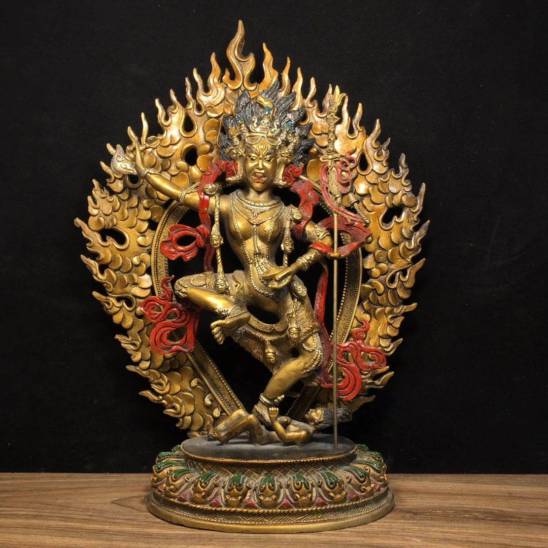 

14"Tibetan Temple Collection Old Bronze Painted Naro Khechari Protector Buddha Backlight Lotus Terrace Worship Hall Town house