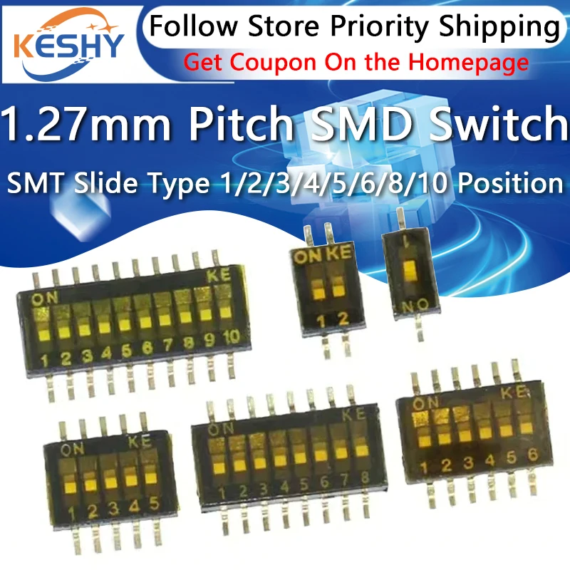 5Pcs 1.27mm Pitch Dip Switch SMD SMT Slide Type Switch 1/2/3/4/5/6/8/10 Position