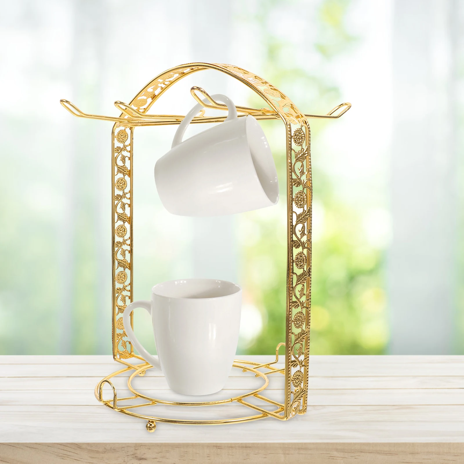 

6-Piece Coffee Cup Holder Rack Golden Carving Mugs Tea Cups Dishes Kitchen Supplies Countertop Bar Accessories Storage Water