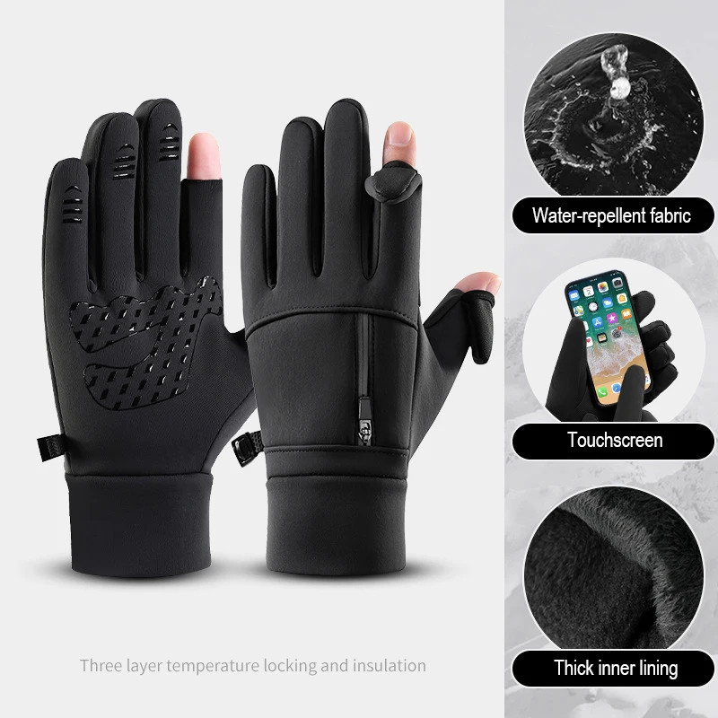 Winter-Fahrradhandschuhe für Herren und Damen, Taschenwandern, Touchscreen, warme Handschuhe, Angeln, winddicht, wasserabweisend, Fingerspitzen-Flip-Handschuhe