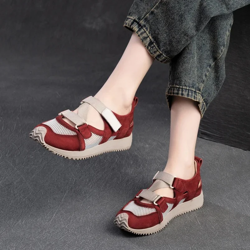 

2025 3cm Air Mesh Women Leather Ankle Boots Elastic Breathable Fashion Lady Hook Summer Hollow Flats Wedge Shoes