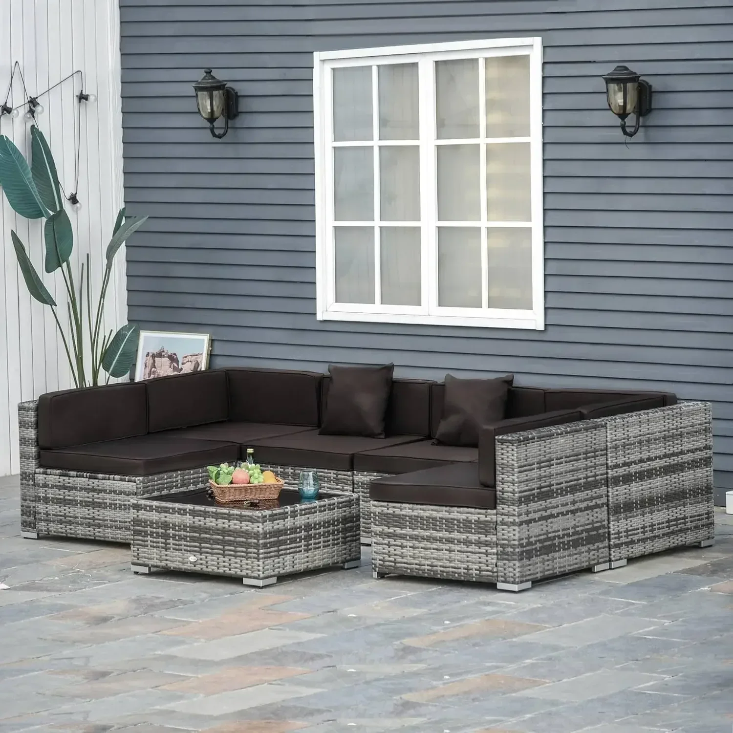 7-Piece Patio Furniture Sets Outdoor Wicker Conversation Sets  Sofa Set with Cushions & Tempered Glass Desktop, Charcoal